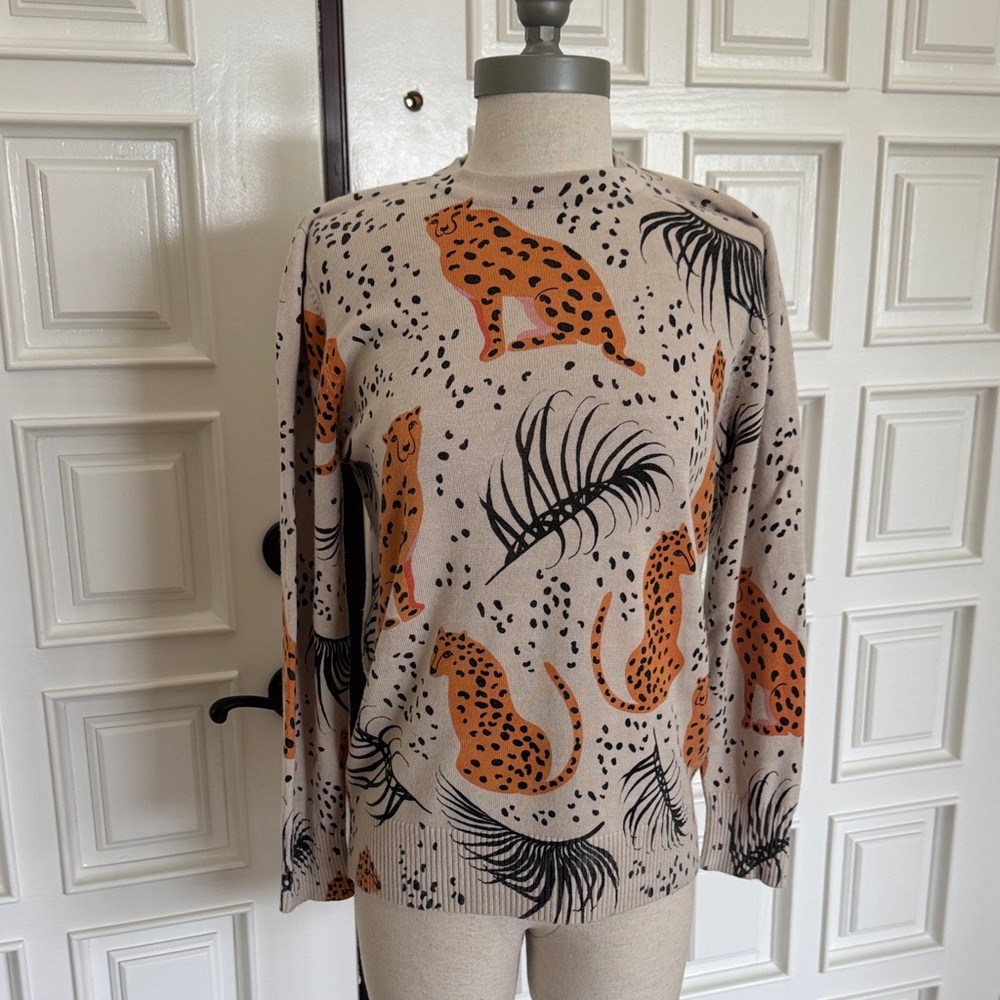 PEPALOVES Cheetah and Palm Print Crewneck Sweater, Size XS